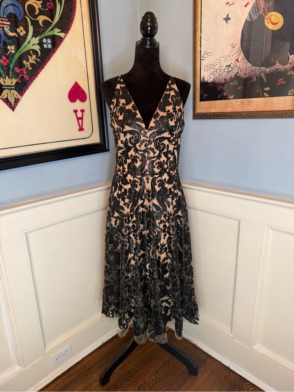 Dress the Population Blair Midi Dress in Black and Nude Sz L